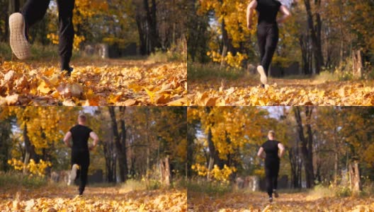 一个不知名的运动员在秋天的公园里跑步，踩着干燥的枫叶。男跑步者在多彩的落叶上慢跑。年轻运动员在大自然中训练。健康生活方式的概念。后视高清在线视频素材下载