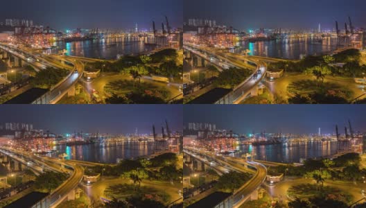 时间间隔:青衣地区夜间交通情况:香港海港内的起重机-建筑机械高清在线视频素材下载