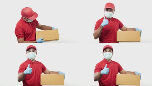 年轻的亚洲快递员身穿红色制服，戴着防护口罩和医用橡胶手套，拿着包裹纸板，竖起大拇指隔离。4 k决议。高清在线视频素材下载