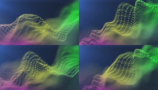 多种颜色的粒子在一个波浪形的特写中移动，边缘模糊。用作设计和展示的背景高清在线视频素材下载