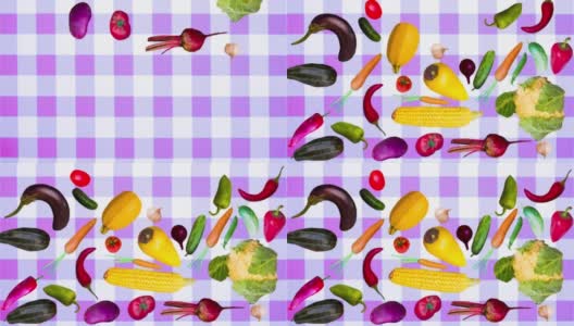 许多不同的成熟，多汁的蔬菜飘落在一个方格桌布的背景动画。从上到下。丰收的理念，饮食，健康的食物，素食。高清在线视频素材下载