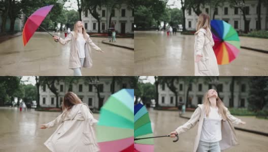 快乐的女人在城市里摘下雨伞享受雨高清在线视频素材下载