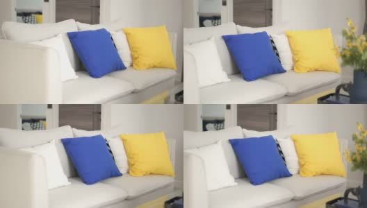 多莉在客厅的沙发上拍摄枕头高清在线视频素材下载