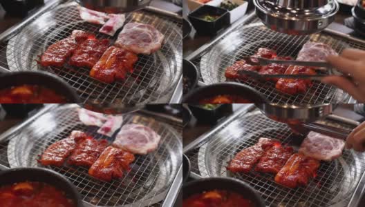 烤猪肉牛肉韩国烧烤高清在线视频素材下载