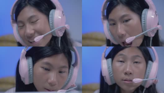 快乐的亚洲女孩使用耳机和麦克风通过数字平板电脑与她的老师和朋友交流，在COVID-19期间在家教育，社交距离概念。高清在线视频素材下载