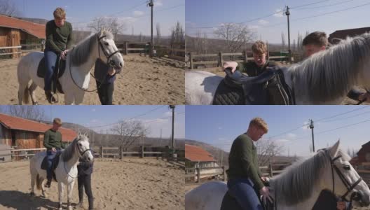 一名男子爬上马鞍，同时志愿者在动物救援中心帮助他高清在线视频素材下载