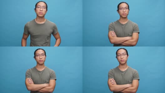 不高兴的亚洲男人在t恤和眼镜交叉双臂和不同意的事情高清在线视频素材下载