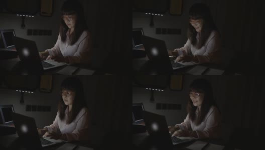一个亚洲成熟的商业女性晚上独自坐在办公室里。高清在线视频素材下载