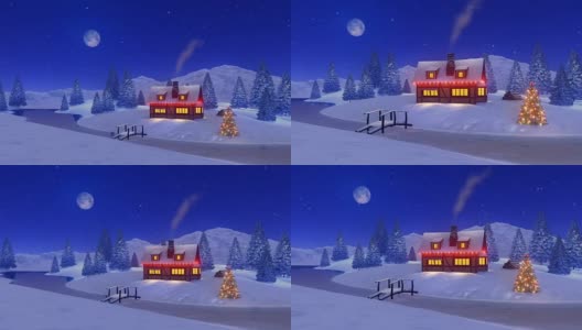 在下雪的圣诞夜照亮舒适的房子高清在线视频素材下载
