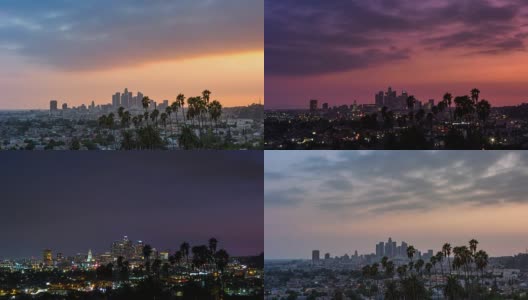 洛杉矶市中心和棕榈树白天到晚上日落时间高清在线视频素材下载