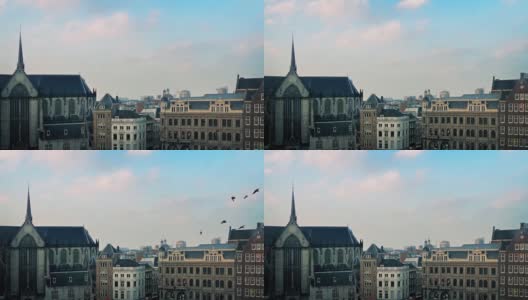 有教堂钟声和小鸟的城市景观高清在线视频素材下载