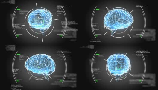3d动画发光的蓝色人脑旋转在黑色的背景高清在线视频素材下载