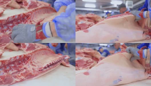 乌克兰顿涅茨克——2018年12月15日——食品工业、肉类加工。屠夫在切割车间的肉类加工厂切猪肉高清在线视频素材下载