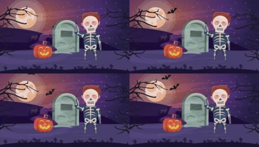 happy halloween animated scene with pumpkin and skeleton in cemetery高清在线视频素材下载