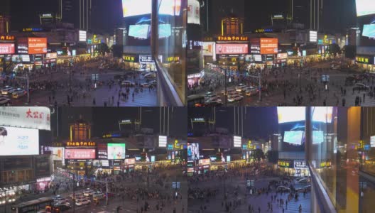 夜间时间长沙市区著名的拥挤交通街道人行横道屋顶慢镜头全景4k中国高清在线视频素材下载