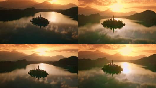 空中美景日落时分的湖岛高清在线视频素材下载