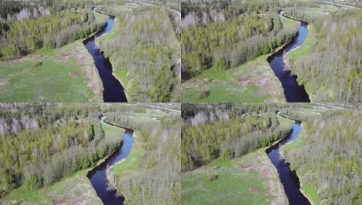 鸟瞰春天草地上的河流高清在线视频素材下载