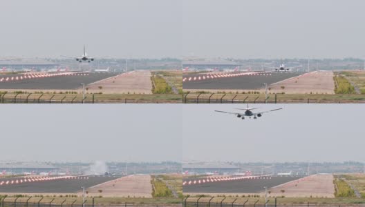 一架降落在机场跑道上的商用喷气式飞机的广角视图。高质量的全高清镜头高清在线视频素材下载