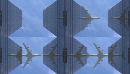 4k分辨率的视频:飞机飞在办公室摩天大楼对美丽的蓝天循环动画高清在线视频素材下载