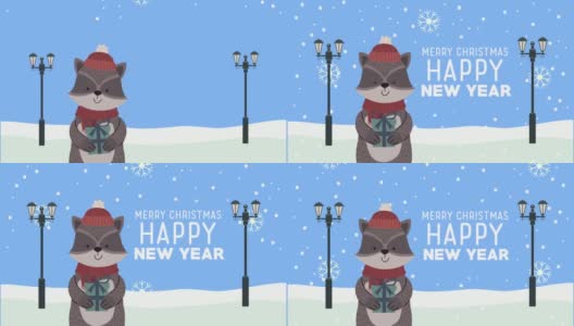 圣诞快乐动画与浣熊和字母高清在线视频素材下载