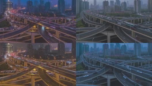 白天到夜晚的空中运动高架公路交汇处x形道路日落时的鸟瞰图时间流逝。交通运输概念在城市城市，上海市中心，中国在4k视频高清在线视频素材下载