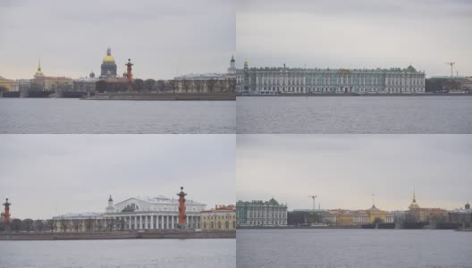 艾尔米塔什博物馆，老圣彼得堡证券交易所和玫瑰柱在维丝利瓦斯基岛的尖嘴。高清在线视频素材下载