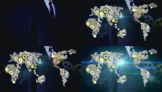 商人触摸屏，钢金齿轮制作全球地图。全球technology.1连接。高清在线视频素材下载