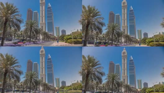 现代摩天大楼的天际线沿谢赫扎耶德路商业中心在阿联酋迪拜高清在线视频素材下载