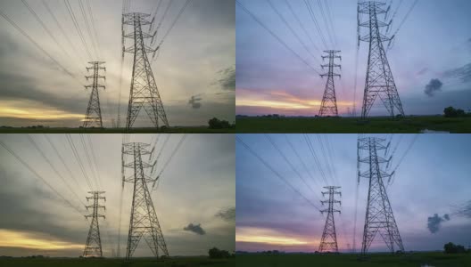 稻田里的两条输电铁塔的日落高清在线视频素材下载