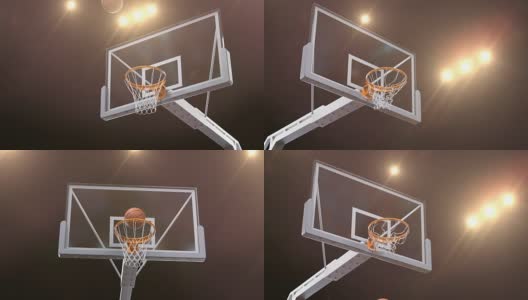 职业篮球投篮，慢镜头飞。美丽的球飞进篮网球场黄金聚光灯闪光。运动概念3d动画高清在线视频素材下载