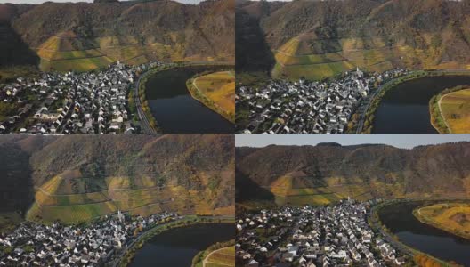 飞越秋天的布里姆葡萄园和德国摩泽尔河高清在线视频素材下载
