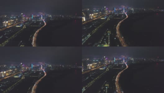 深圳夜景。福田区城市天际线和深圳湾。中国鸟瞰图高清在线视频素材下载