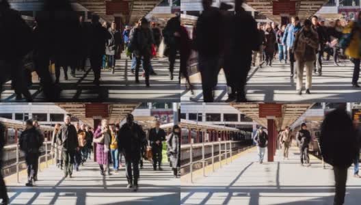 在美国马萨诸塞州波士顿的高峰时段，乘客和游客通过火车、火车站交通枢纽的步行方式的4K时间间隔。交通与旅行者概念高清在线视频素材下载