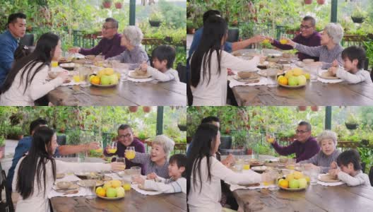 微笑亚洲多代家庭祝酒果汁高清在线视频素材下载