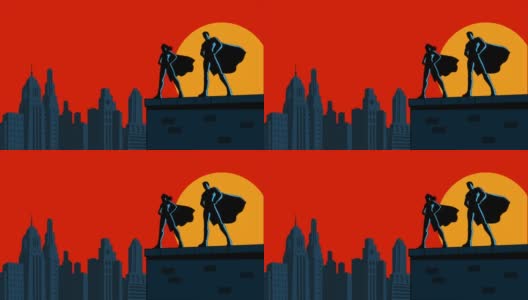 循环超级英雄夫妇与吹斗篷在城市动画高清在线视频素材下载