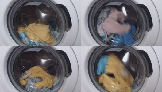 洗衣机洗衣服。洗衣机的滚筒使洗衣机进水。客房管理和家居改善的概念高清在线视频素材下载