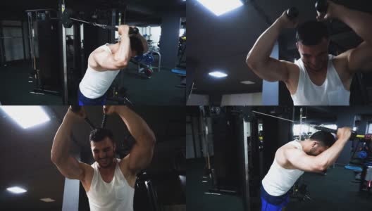 健美运动员在健身房做手臂运动高清在线视频素材下载