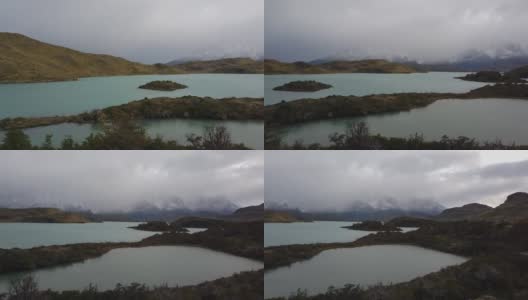 托雷斯德尔佩恩国家公园全景，诺登斯克约尔德湖。巴塔哥尼亚的阴雨天气高清在线视频素材下载