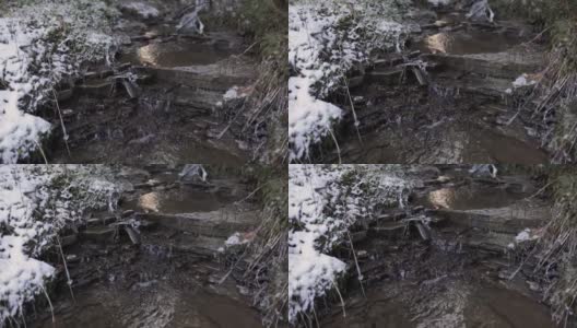 冬季森林中小溪的镜头高清在线视频素材下载