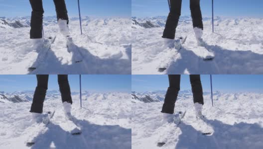 滑雪靴在高山滑雪胜地的慢动作近景高清在线视频素材下载