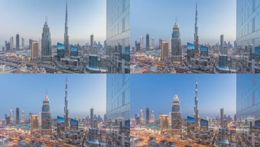 迪拜市中心的天际线昼夜交替，最高的建筑和谢赫扎耶德的道路交通，阿联酋高清在线视频素材下载