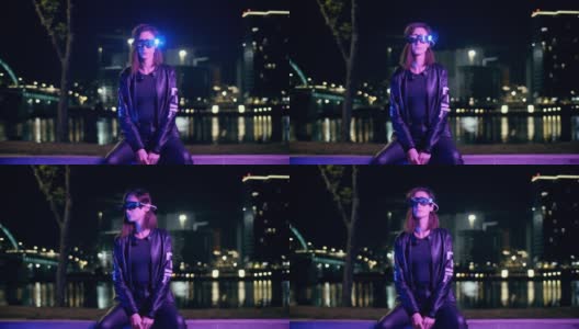 一个戴着未来3d眼镜的女人在网络城市的街道上高清在线视频素材下载