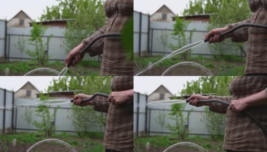 女人的手用软管浇灌花园的特写镜头。年长的女性向她的家庭求爱高清在线视频素材下载