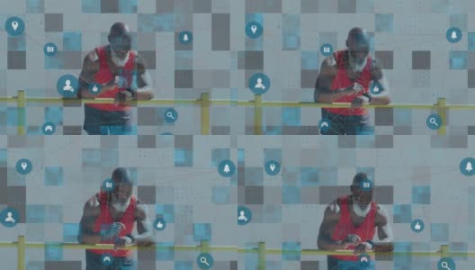 在海滩上使用智能手表的高级非洲裔美国人的连接网络的动画高清在线视频素材下载