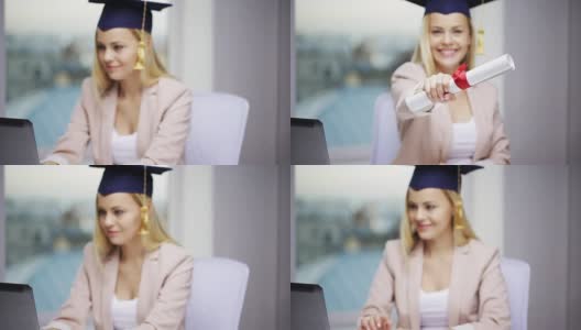 学生女孩在学士帽显示文凭高清在线视频素材下载