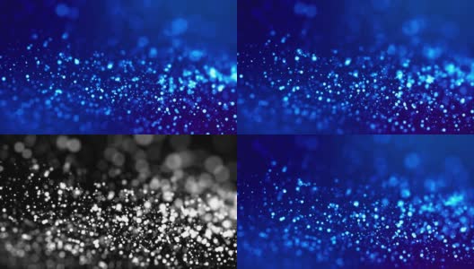 神奇的蓝色发光粒子在粘性液体中流动，闪闪发光。科幻小说。4k 3d科幻背景闪烁粒子，景深和散景。光磨作为alpha通道。3.高清在线视频素材下载