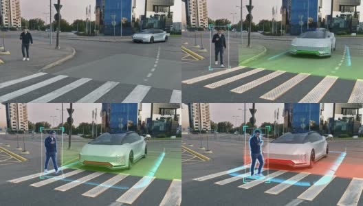 自动驾驶3D汽车概念:人走在人行横道上，自动驾驶汽车停在他面前。安全特性可视化:扫描周围环境，检测行人，在人行横道前停车高清在线视频素材下载