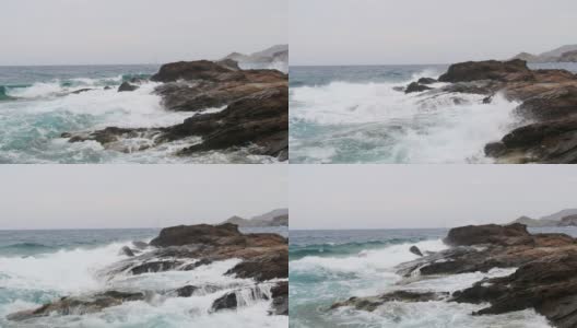 爱琴海基克拉迪斯的基思诺斯岛，海浪撞击岩石的5倍慢镜头高清在线视频素材下载