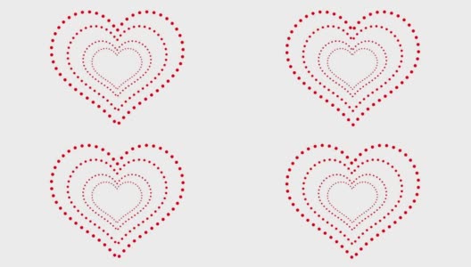 连续的红色圆圈勾勒出几个心形。在白色的背景上。爱情、友谊、节日、婚礼的概念。情人节，七，烦恼。运动设计。空白,闪屏。行高清在线视频素材下载