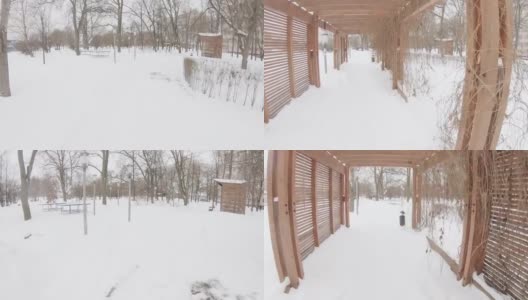 Yuzhnoye Butovo住宅区大雪后的木制凉棚高清在线视频素材下载